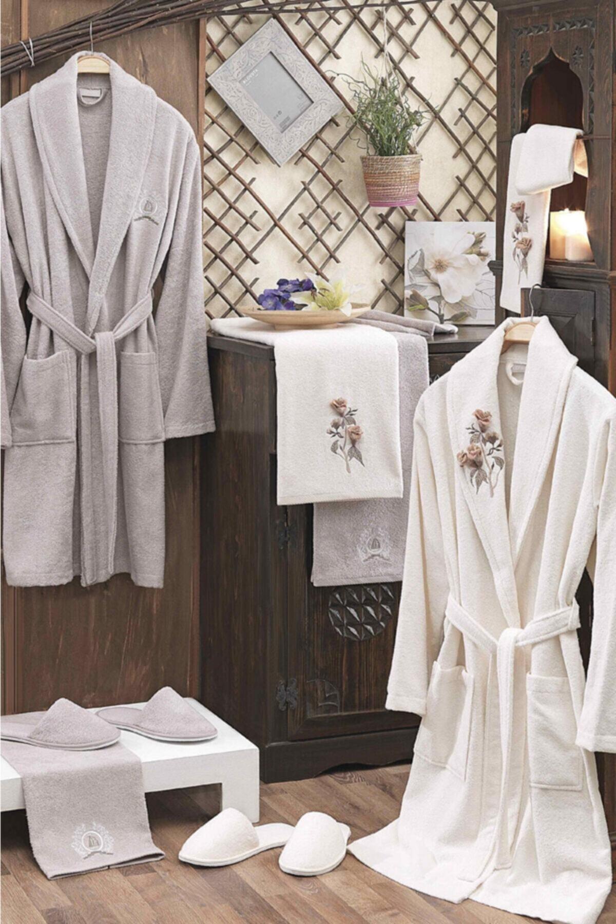 3d Embroidered Bamboo Bathrobe Set 6 Pieces Anetta Cream Stone - Swordslife