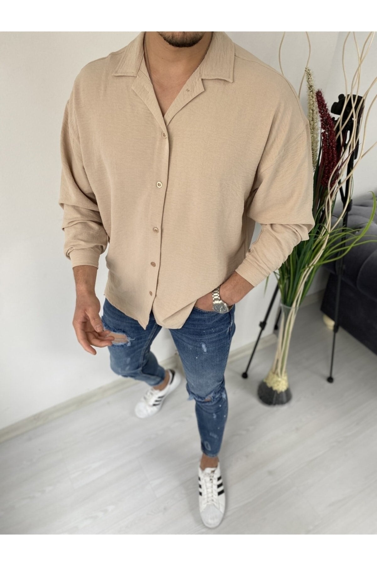 Men's Beige Linen Aerobin Loose Fit Oversized Loose Shirt