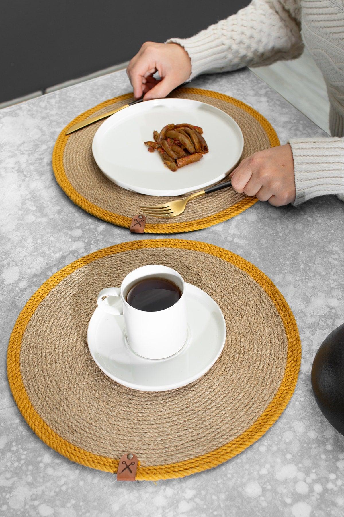 2 Pieces 32cm Round Mustard Striped Placemat Wicker Jute Knitted Base Presentation Set - Swordslife