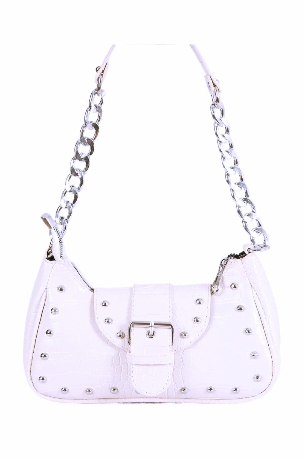 Crocodile Patterned White Handle Bag with Bony Staples