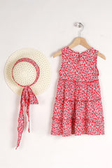 Girl Child Red Colored Floral Patterned Dress With Hat Accessory