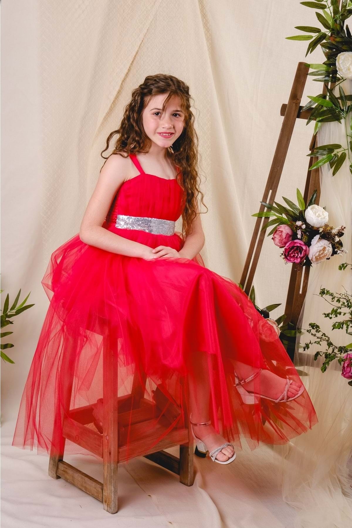 Girl's Satin Evening Dress With Back Gipe and Tulle Red