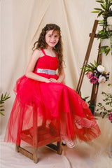 Girl's Satin Evening Dress With Back Gipe and Tulle Red