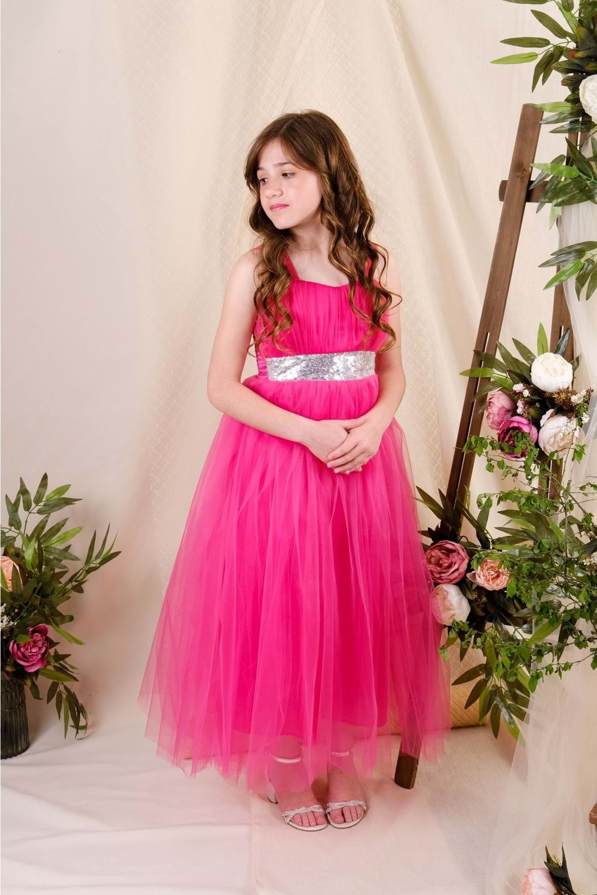 Girl's Satin Evening Dress with Back Gipe and Tulle Fuchsia