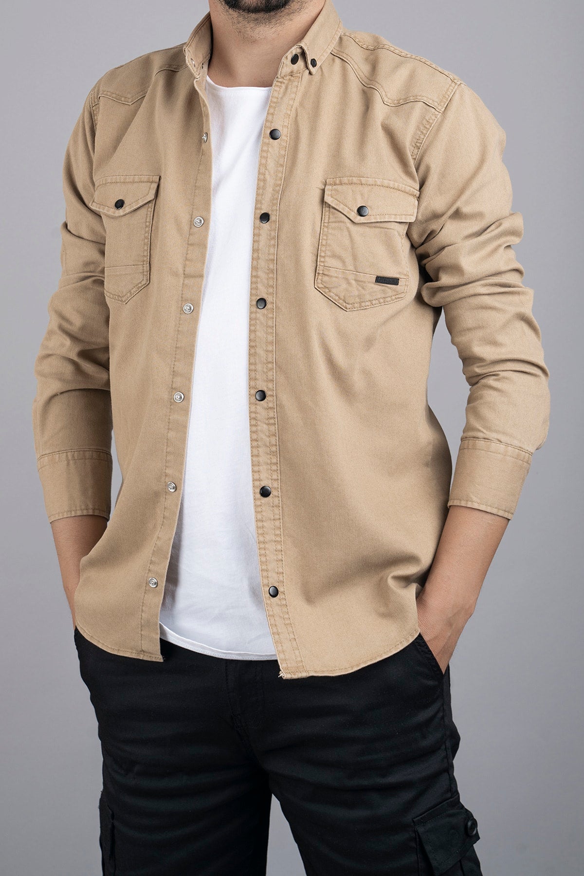 Slim Fit Men's Denim Shirt Beige