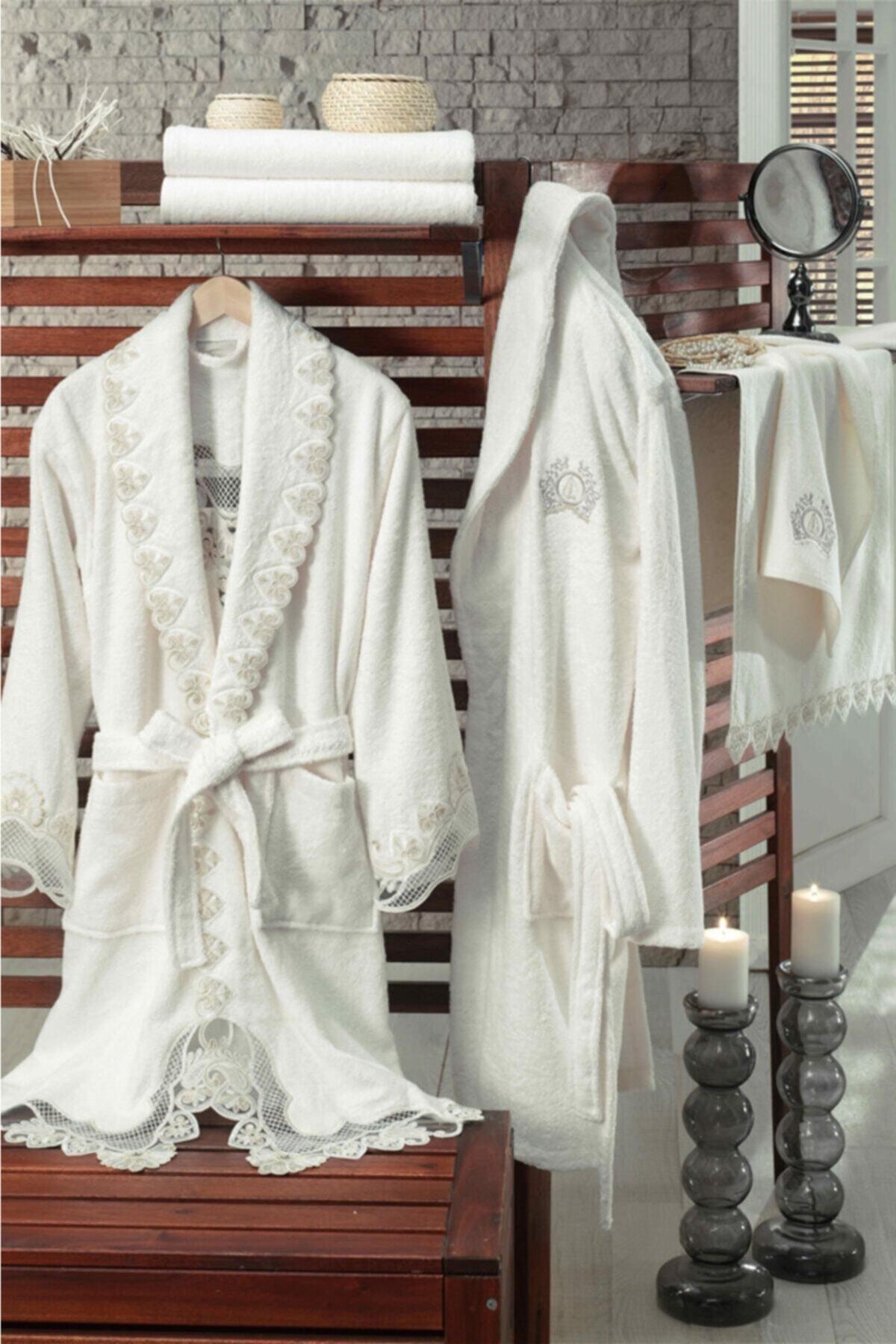 Guipure Bamboo Bathrobe Set 6 Pieces Love Cream Cream - Swordslife