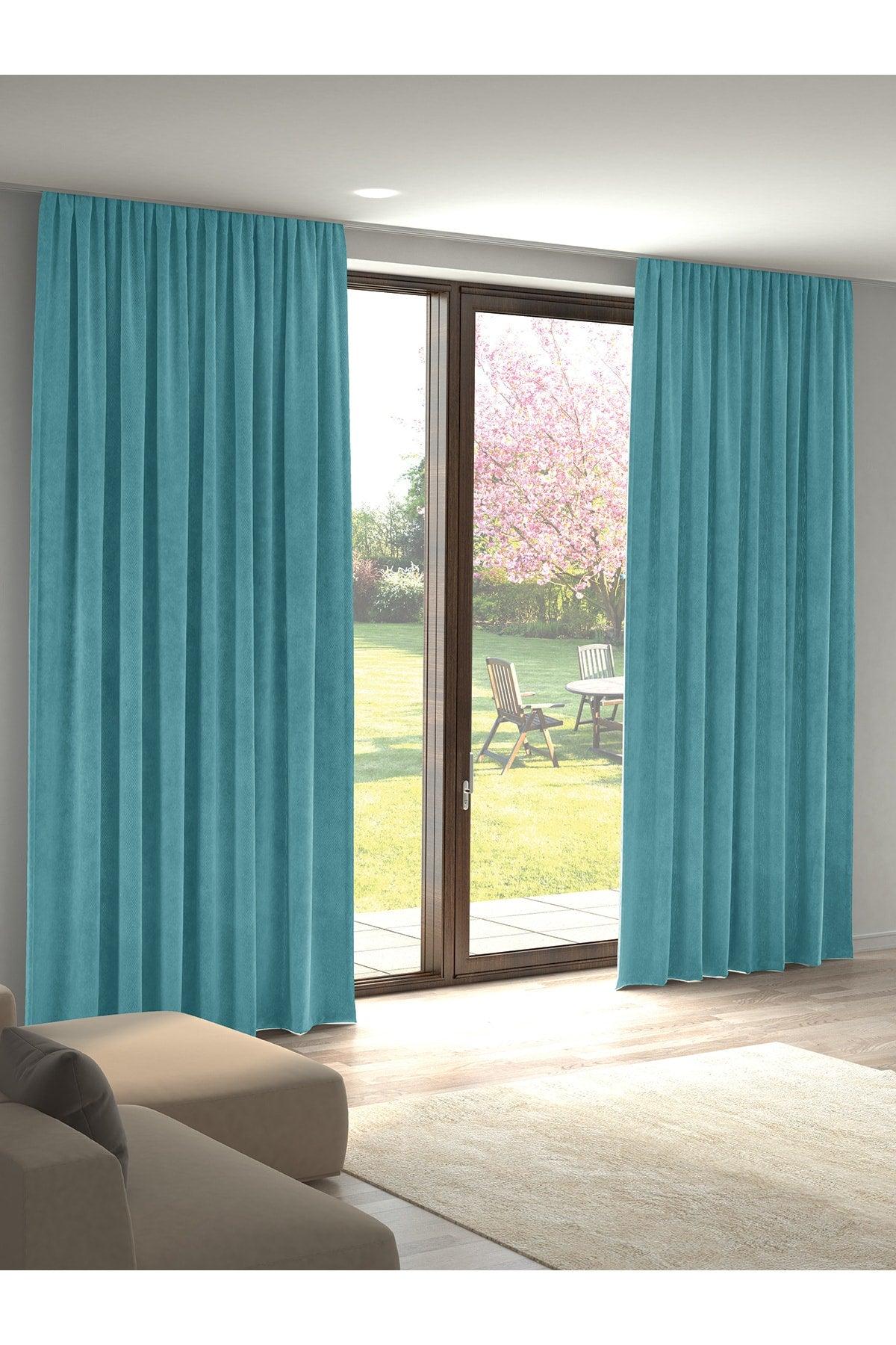 Velvet Textured Turquoise Island Fund Curtain Extrafor Pleated - Swordslife