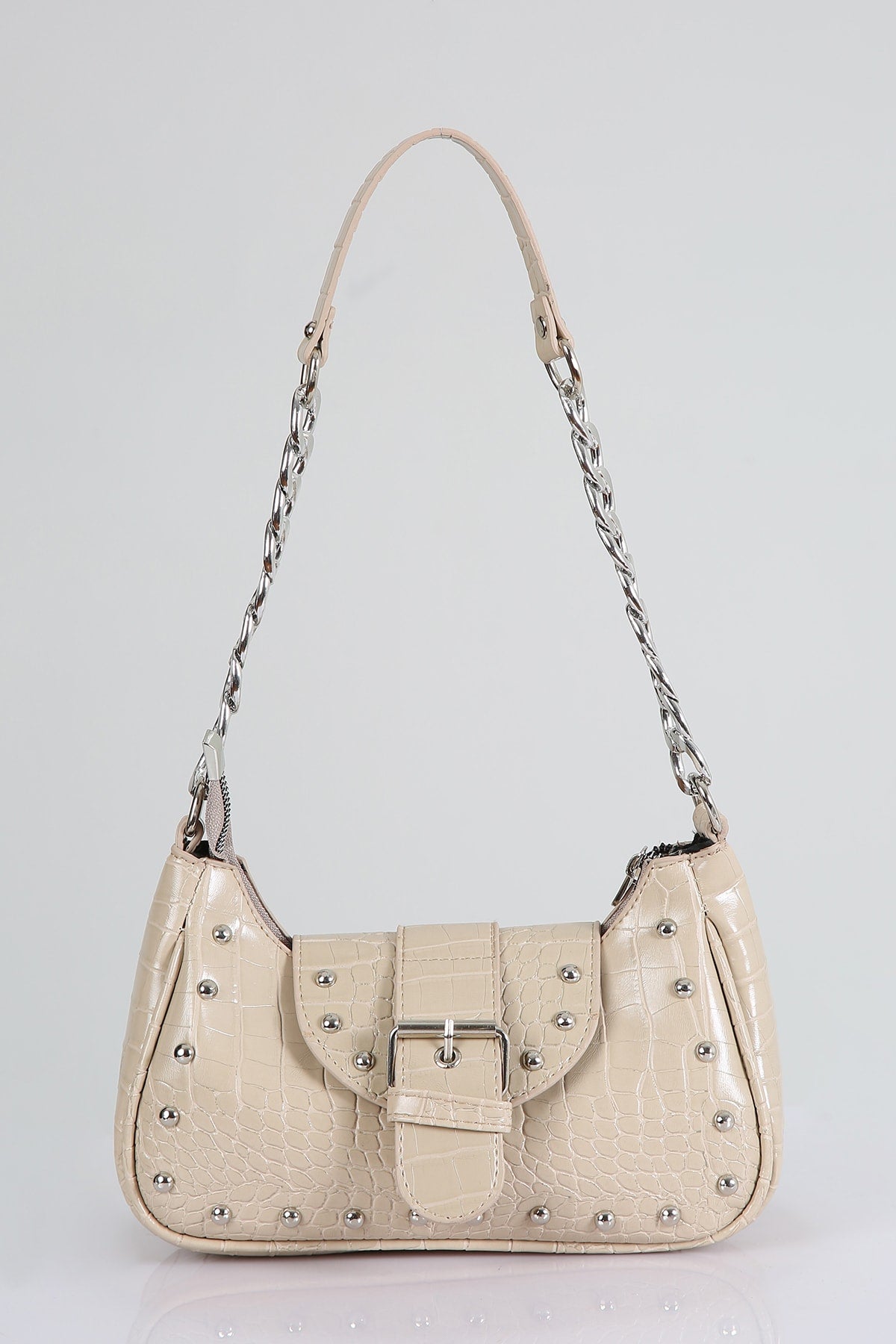 Crocodile Patterned Mink Handbag with Bony Staples