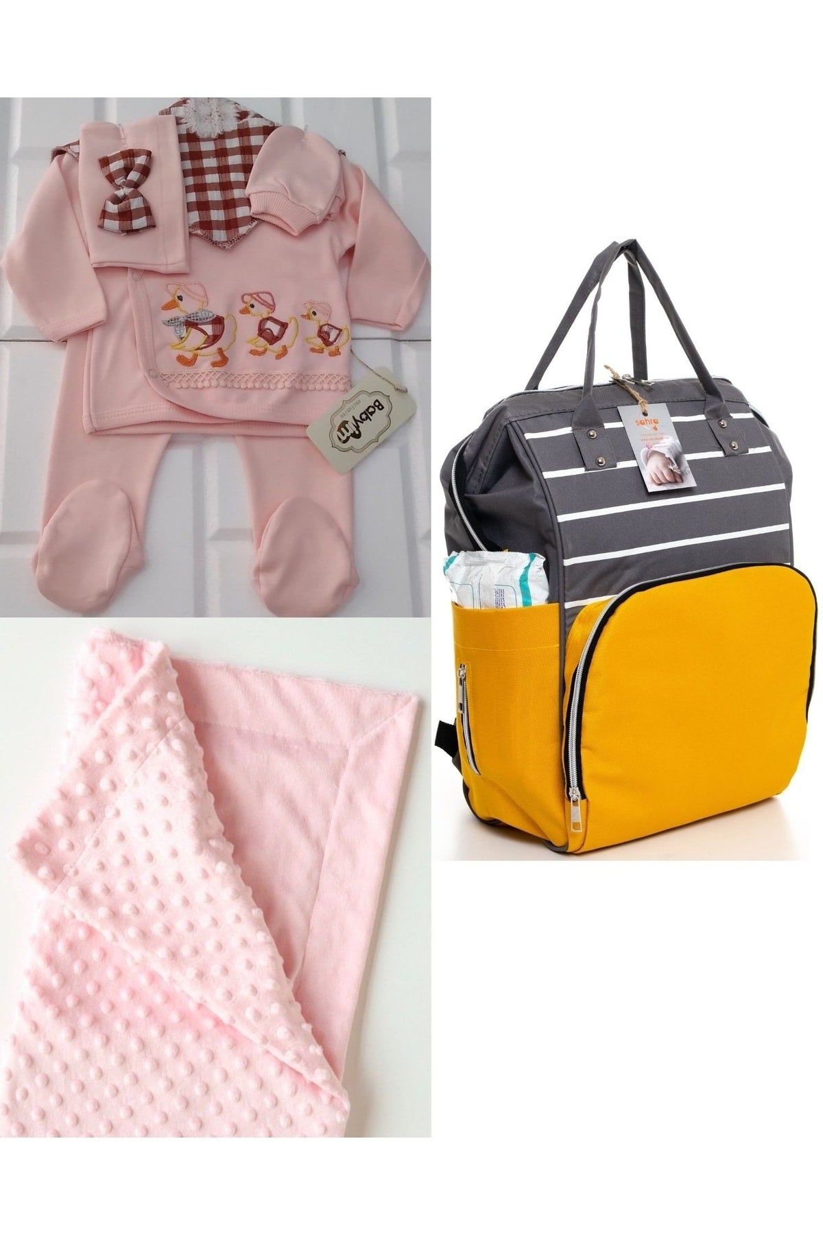 Functional Mother Baby Care Backpack, 100% Cotton Hospital Outlet And Chickpea Blanket Set