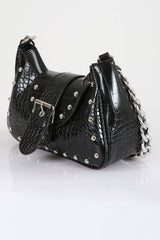 Crocodile Patterned Black Handbag with Bony Staples