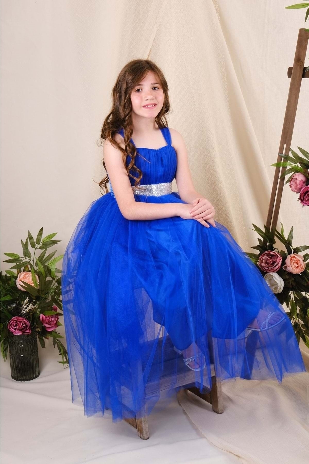 Girl's Satin Evening Dress With Back Gipe and Tulle Blue