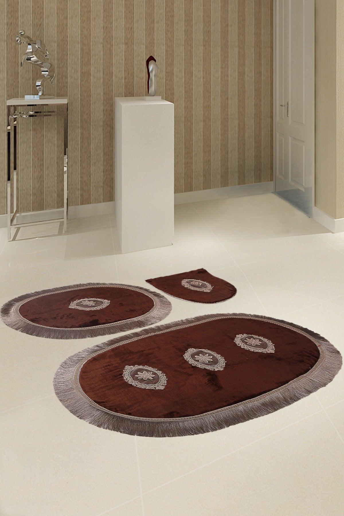 Polaris Brown 3-Piece Bath Mat Set Non-Slip Base Dowry Lacy Closet Set - Swordslife