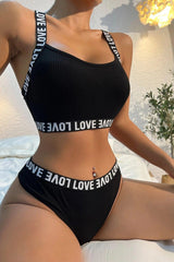 Women's Black Cross Back And Love Lettering Detailed Underwear Set - Swordslife