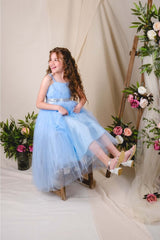 Girl's Satin Evening Dress with Back Gipe and Tulle Turquoise