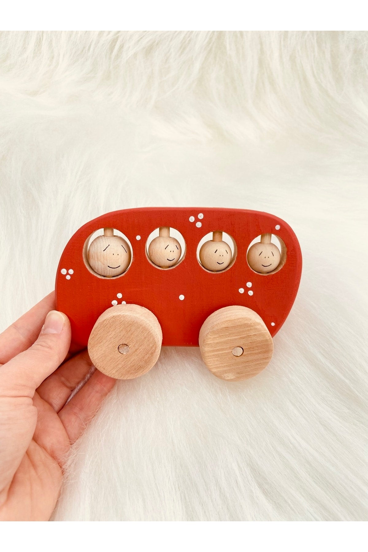 Toy Wooden Car With Spinning Wheels Moving Passengers Colors