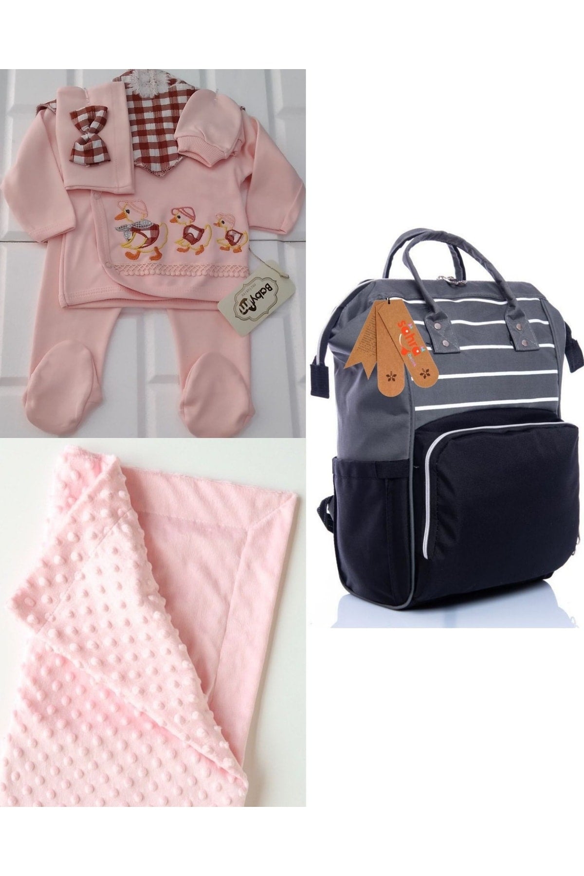 Functional Mother Baby Care Backpack, 100% Cotton Hospital Outlet And Chickpea Blanket Set