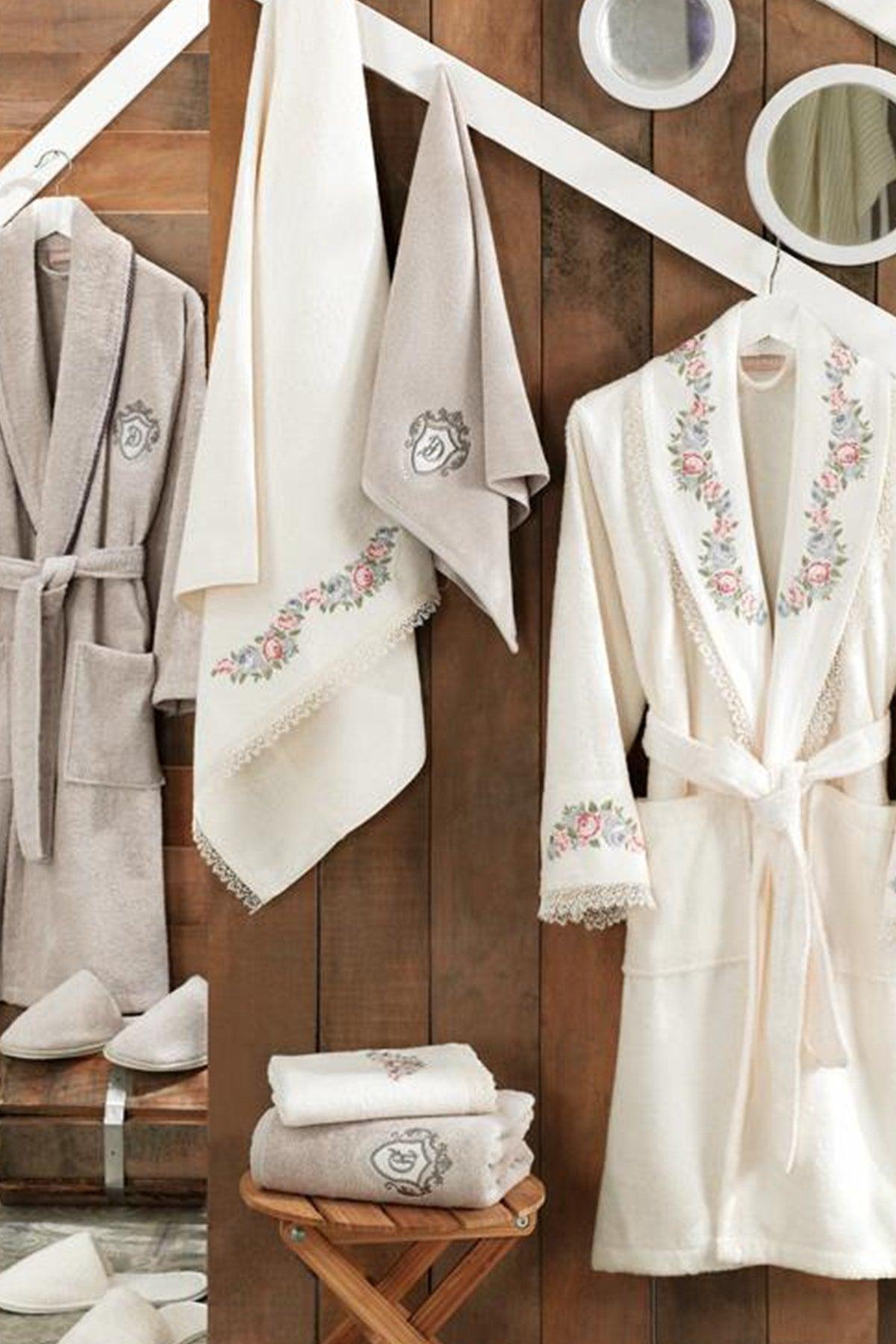 Lara Embroidered Bamboo Bathrobe Set Cream Stone - Swordslife