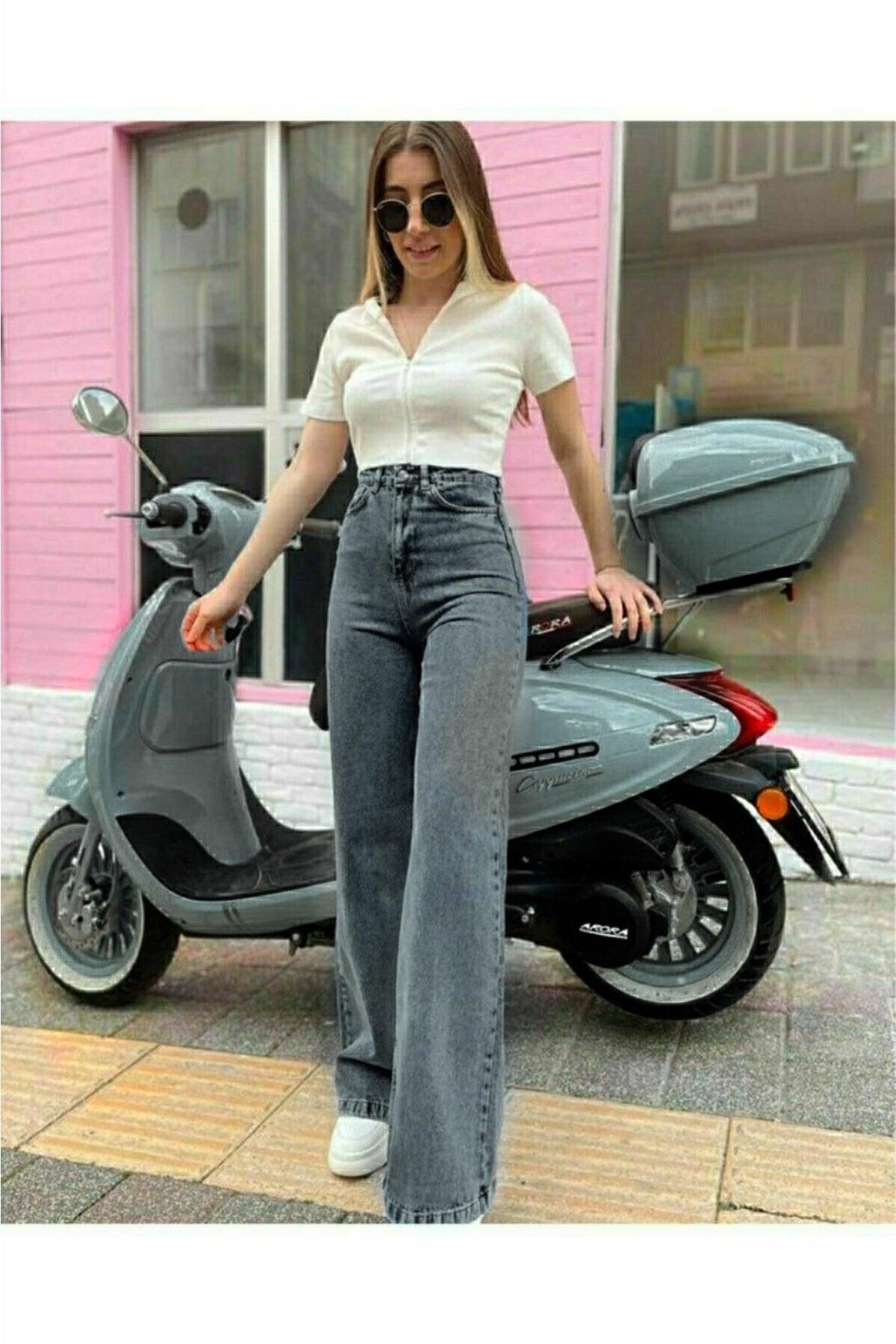 Women's Smoked Snow Wash Super High Waist Lycra Wide Leg Denim Jeans - Swordslife