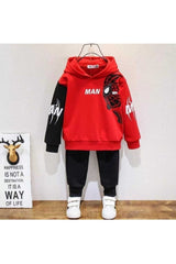 Boy Patterned Red Color Bottom Top 2-Pack Hooded Tracksuit Set