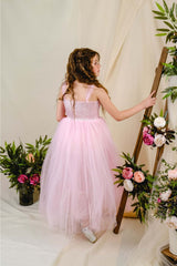 Girl's Satin Evening Dress with Back Gipe and Tulle Pink