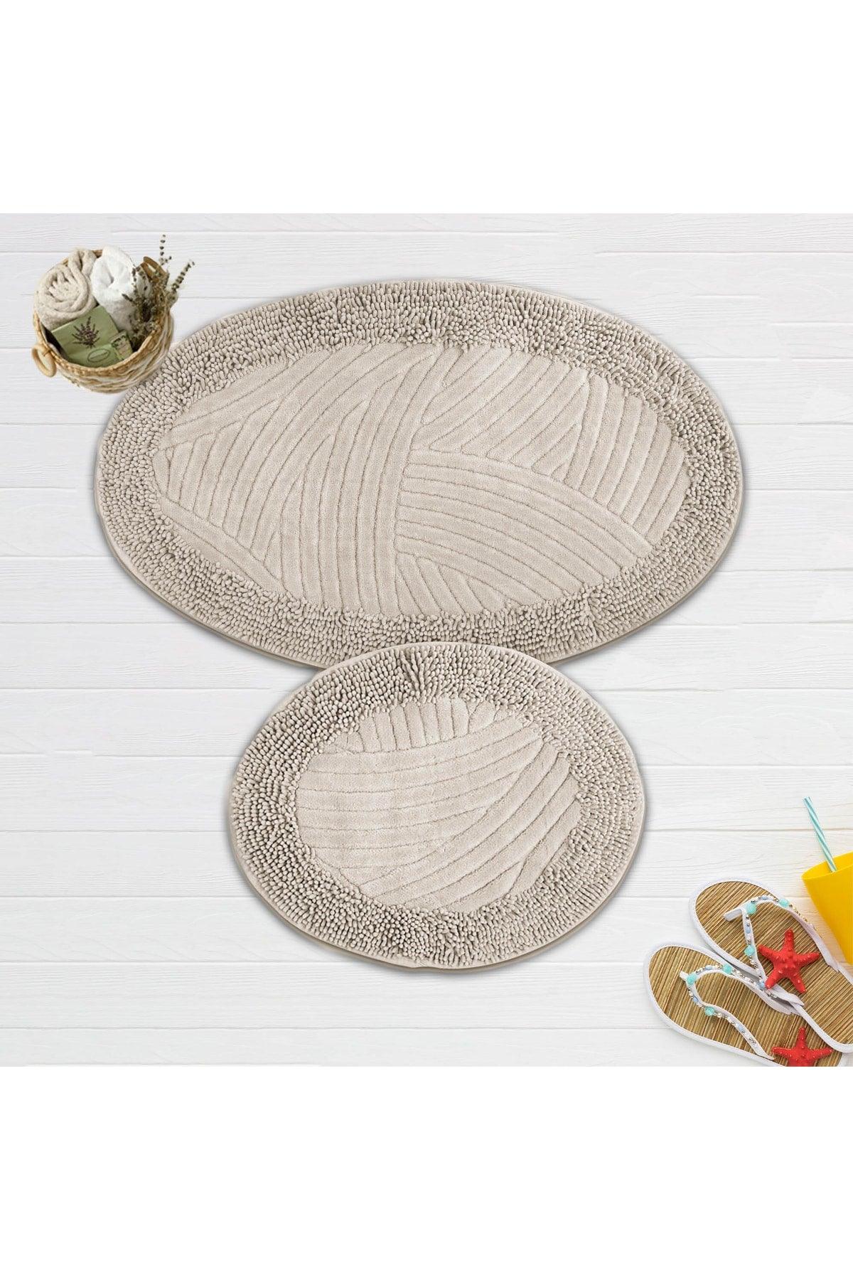 Geometric Pattern Set of 2 Oval Bath Mat Set 100% Natural Cotton Round Mat Closet Set - Swordslife