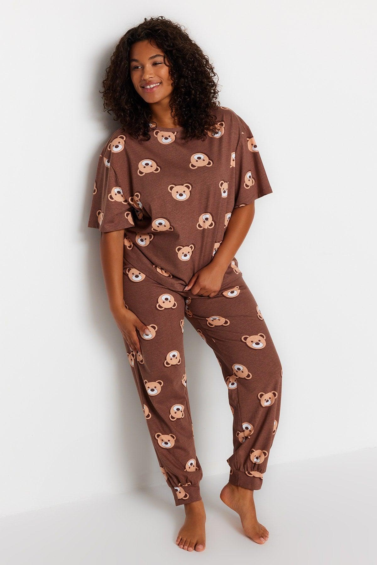 Brown Teddy Bear Pattern Knitted Pajamas Set TBBAW23AI00039 - Swordslife