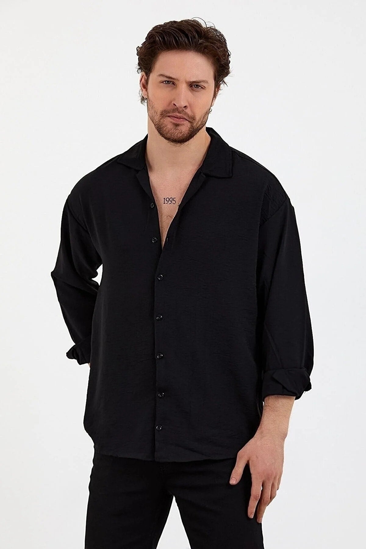 Men's Black Linen Single Pocket Oversized Loose Shirt