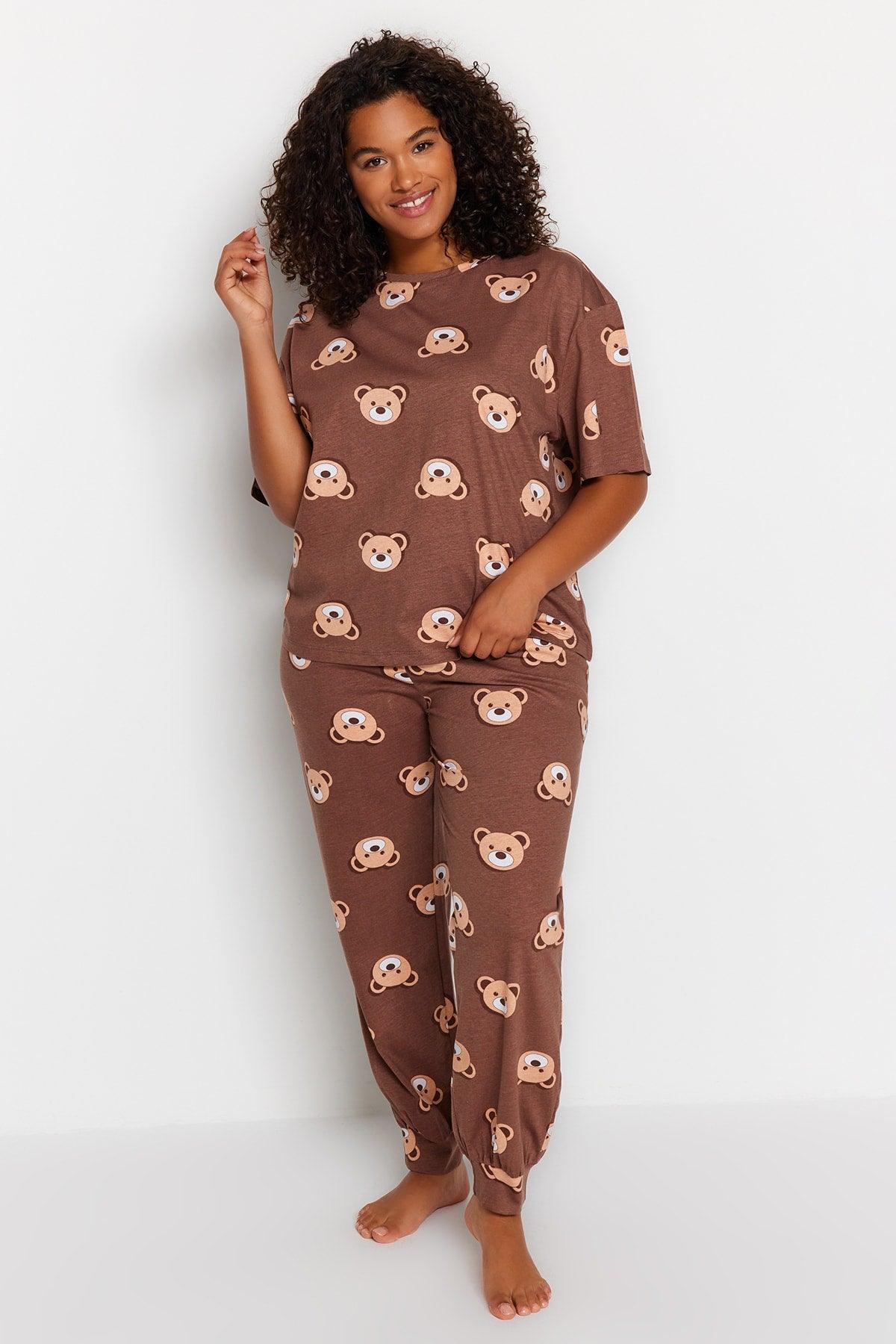 Brown Teddy Bear Pattern Knitted Pajamas Set TBBAW23AI00039 - Swordslife