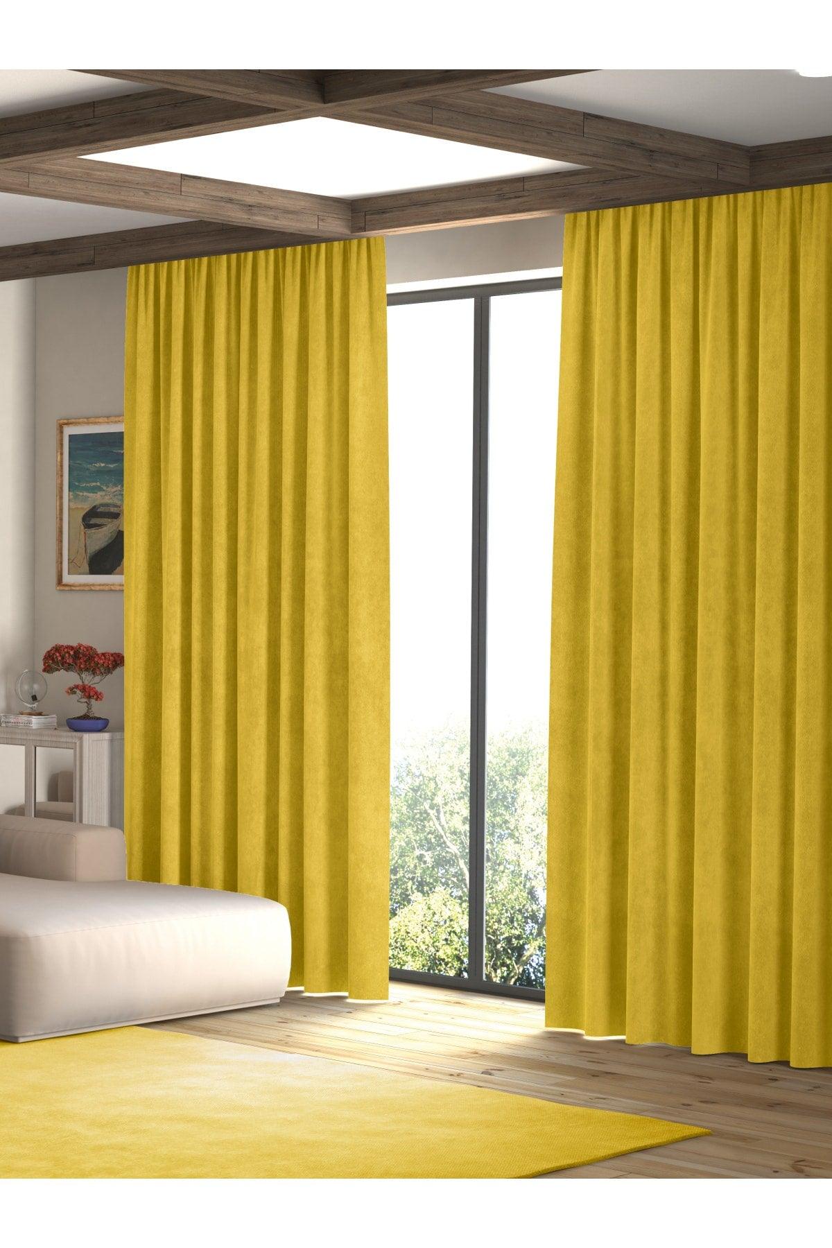 Velvet Textured Indian Yellow Island Backdrop Curtain Extraforward Pleated - Swordslife