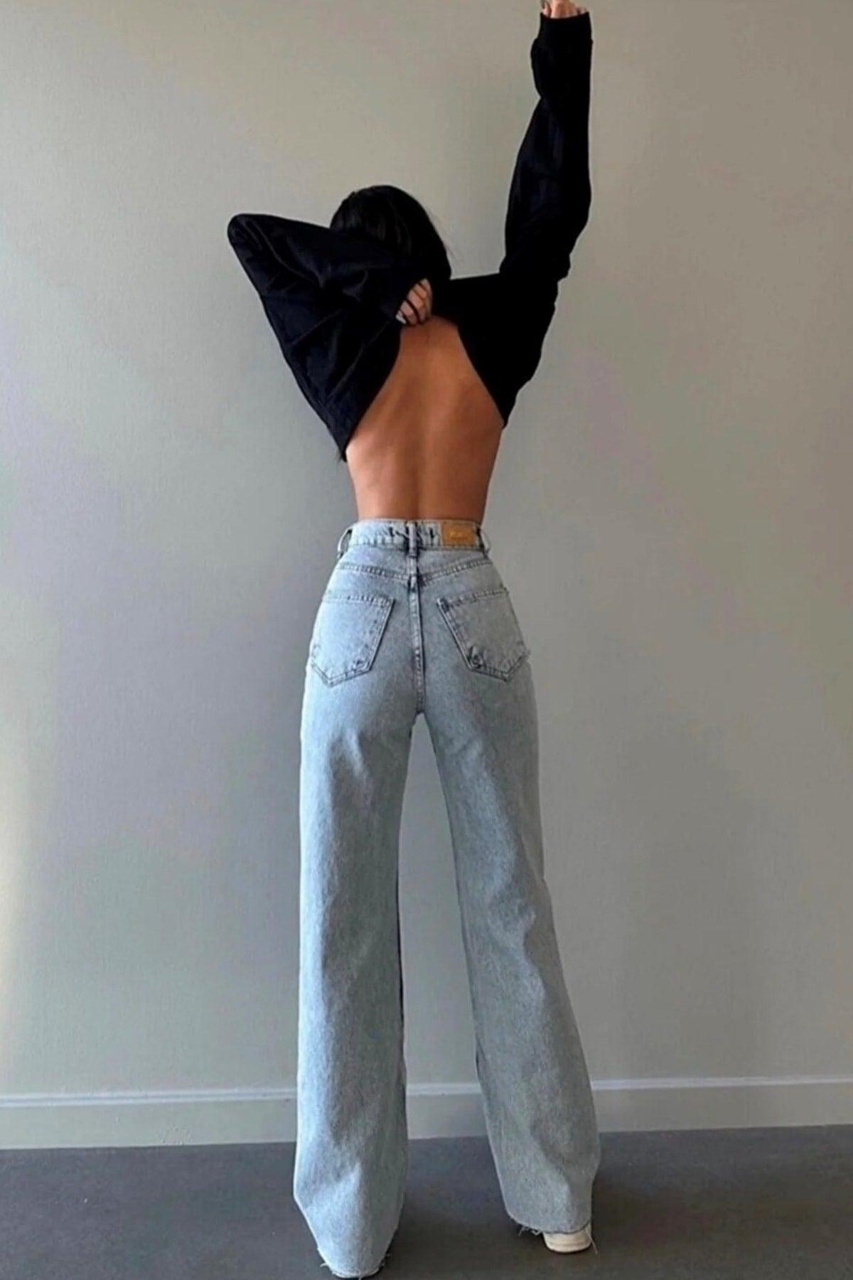 Blue B,ice Ripped Women Loose Lycra 90's Super High Wide Leg Denim Palazzo Trousers - Swordslife