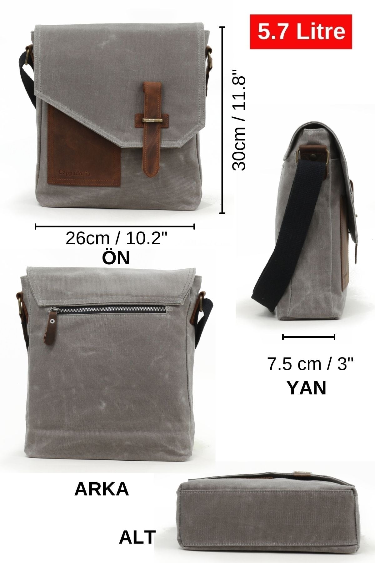 Cappadocia Genuine Leather 4035 Teos Waterproof Gray Postman Shoulder Waxed Canvas Laptop Bag