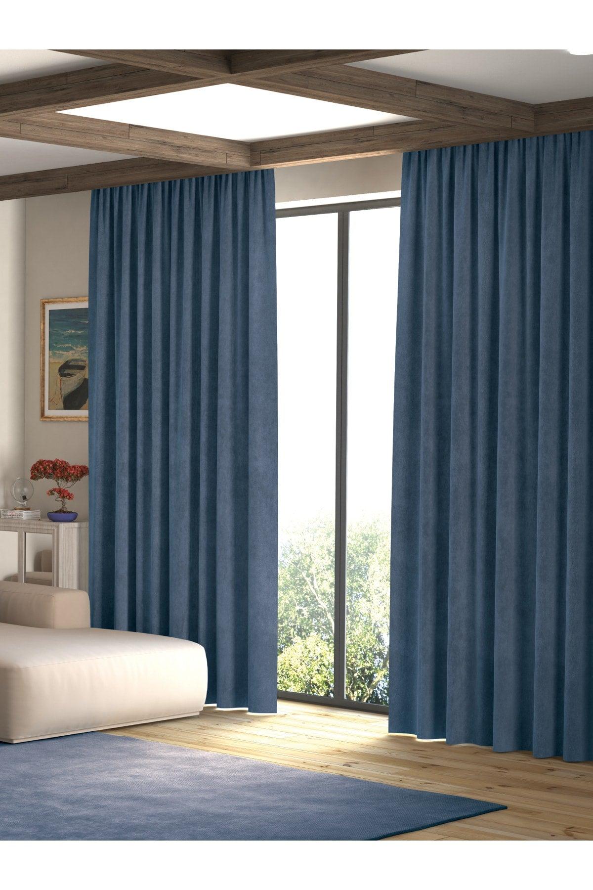 Velvet Textured Dark Blue Island Backdrop Curtain Extraforward Pleated - Swordslife