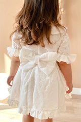 White Short Sleeve Baby Collar Back Ribbon Lined Scalloped Girl Special Occasion Birthday Dress