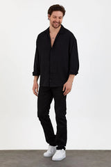 Men's Black Linen Single Pocket Oversized Loose Shirt