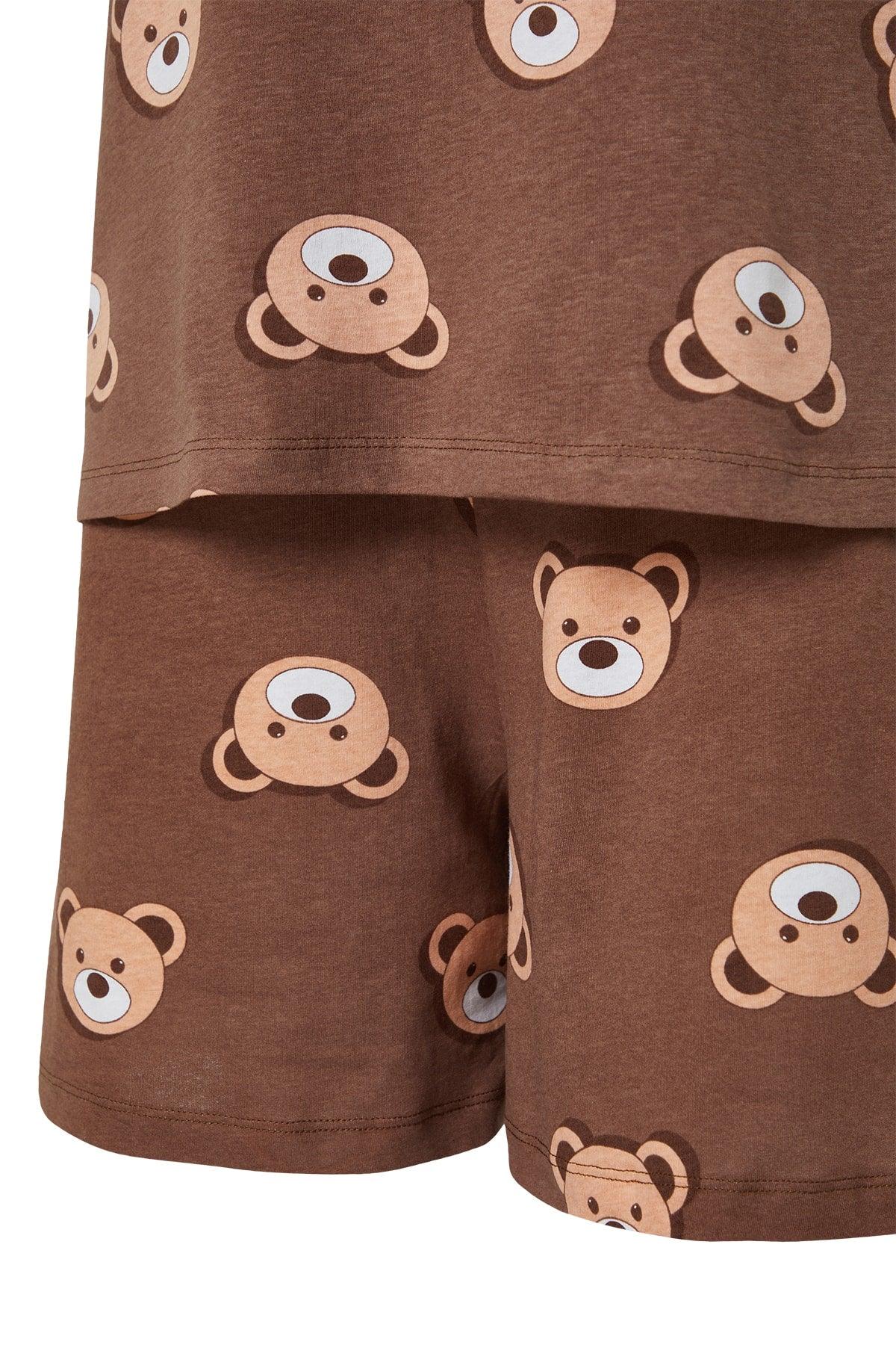 Brown Teddy Bear Printed Cotton Knitted Pajamas Set TBBSS23AI00022 - Swordslife