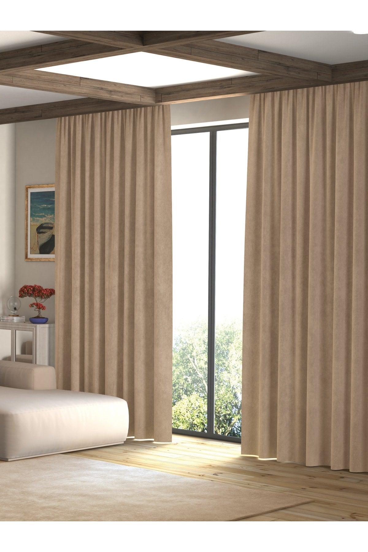 Velvet Textured Khaki Color Island Backdrop Curtain Extraforward Pleated - Swordslife