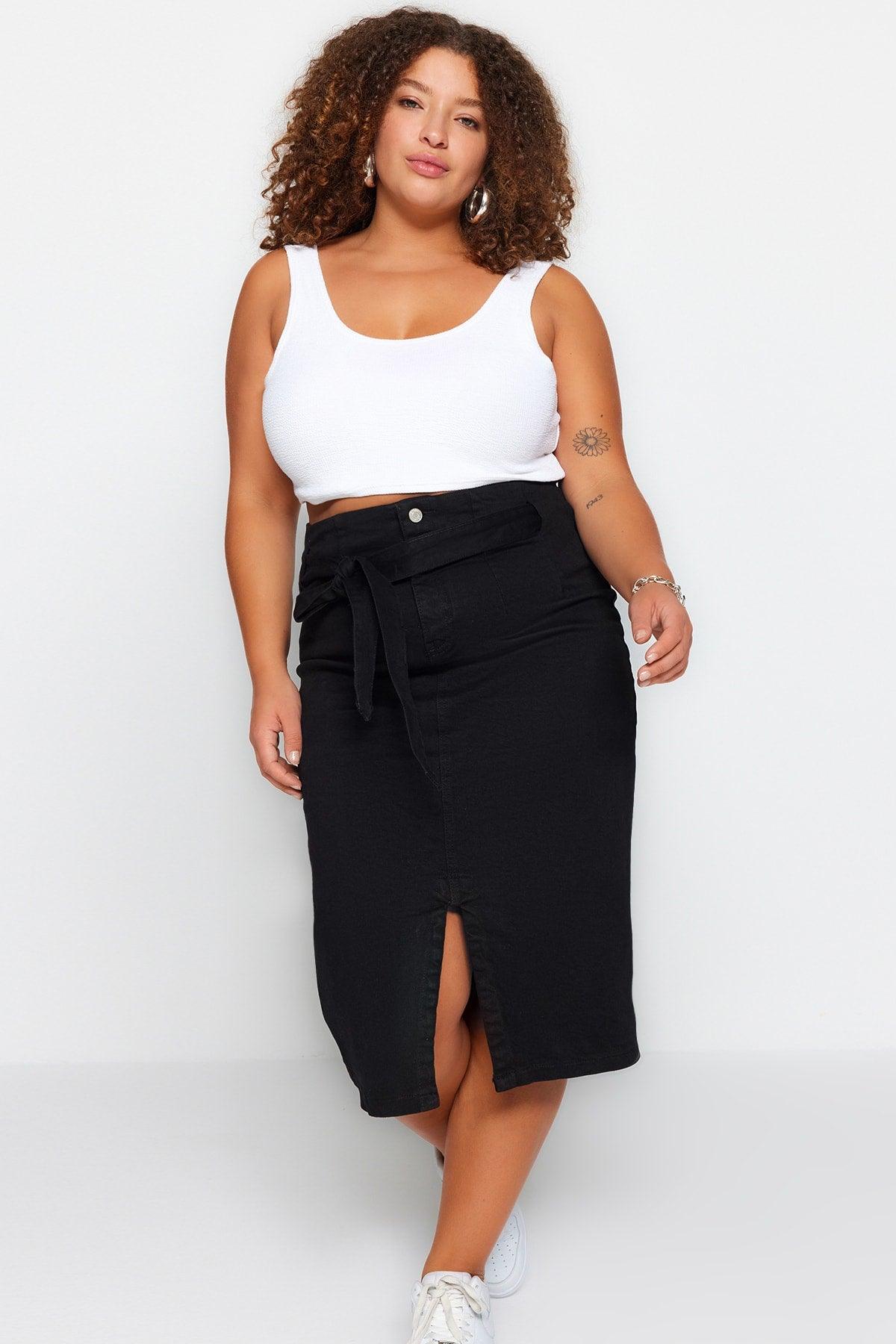 Black Belted High Waist Slit Straight Skirt TBBSS23AZ00017 - Swordslife