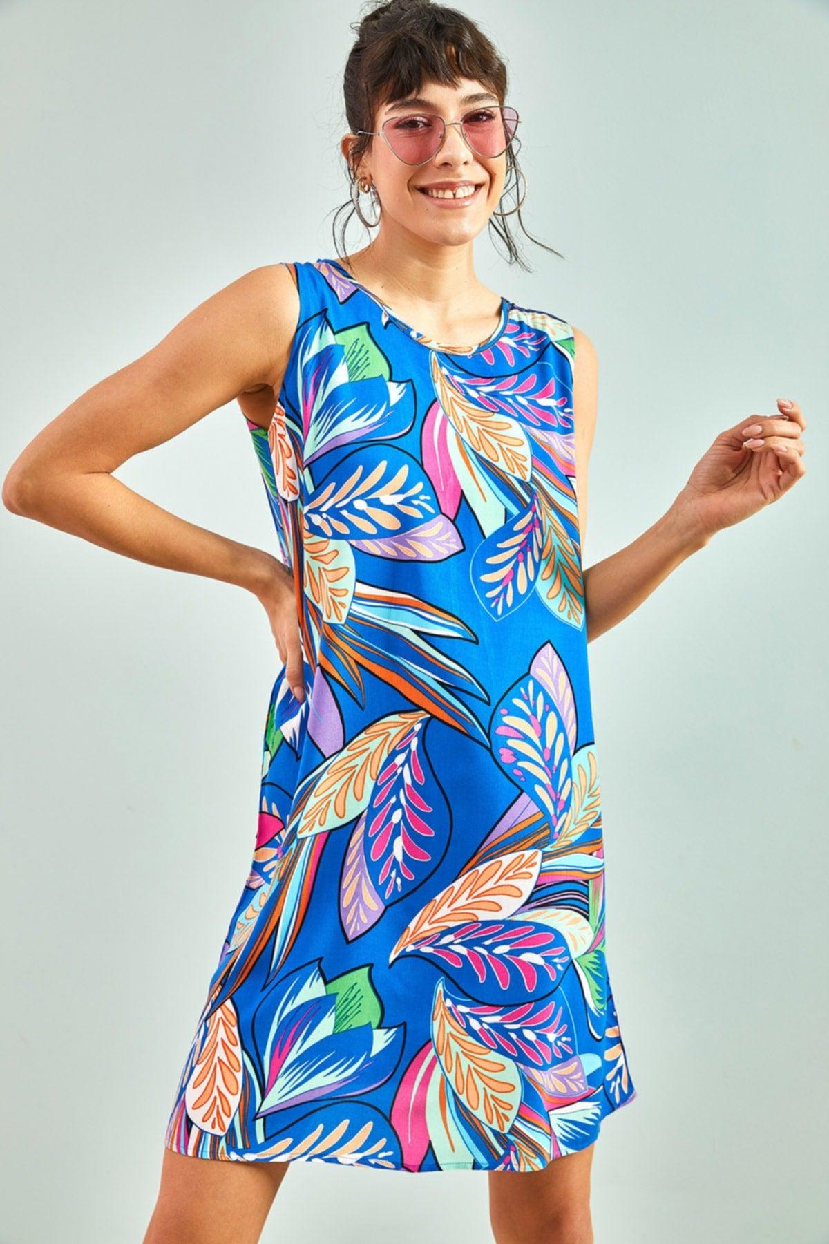 Women's Multi Patterned Backless Viscose Dress - Swordslife