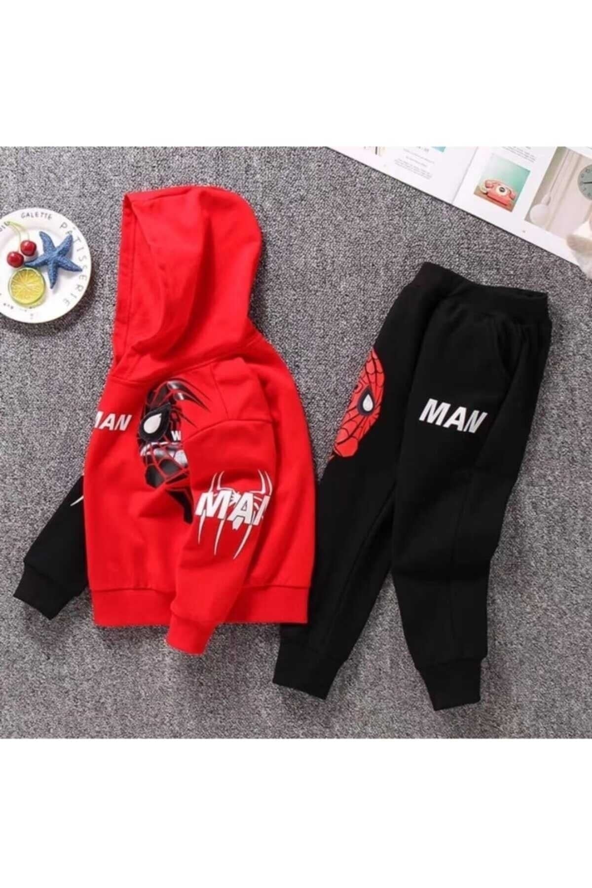 Boy Patterned Red Color Bottom Top 2-Pack Hooded Tracksuit Set