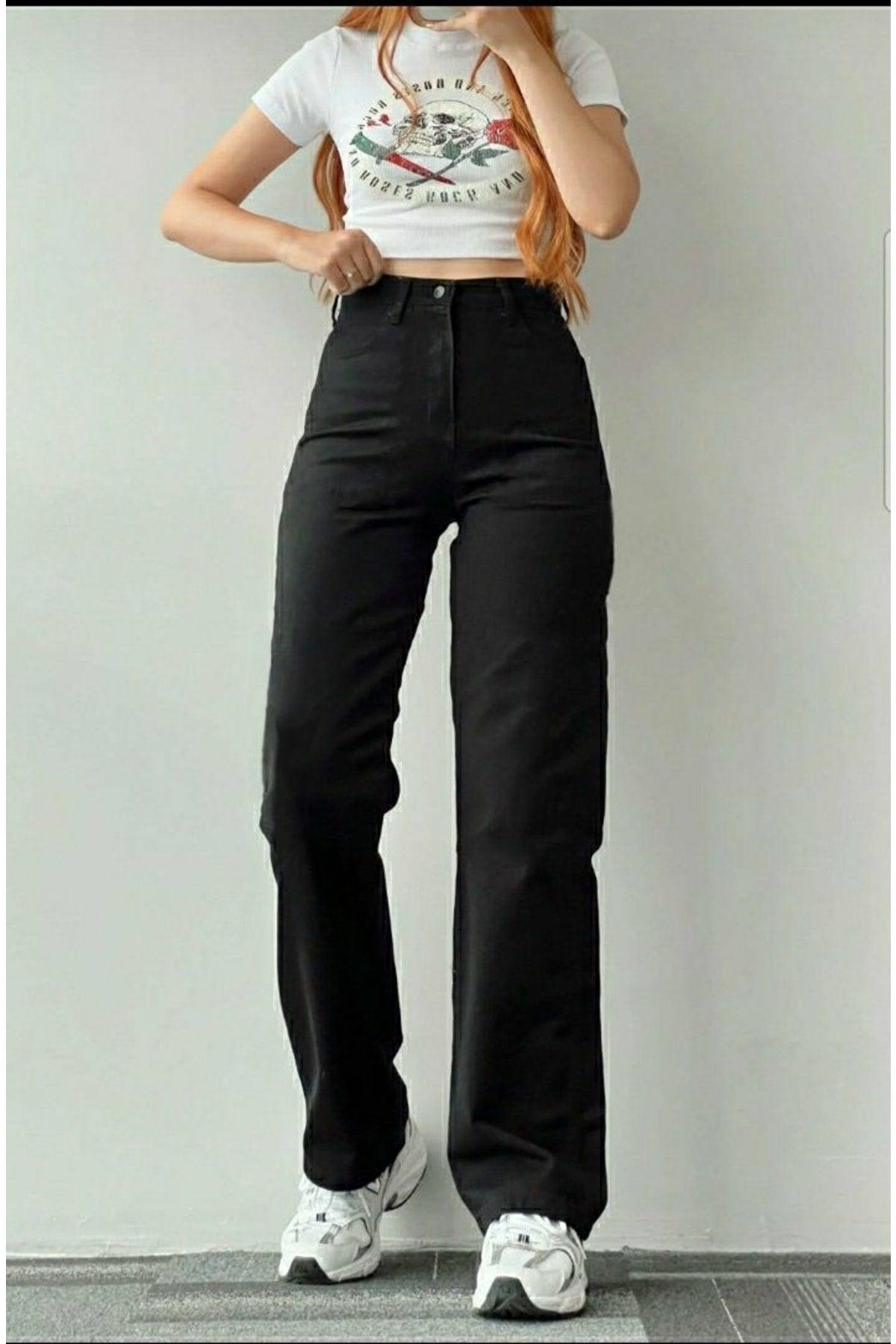 Black Lycra 90's Super High Wide Leg Denim Palazzo Trousers - Swordslife