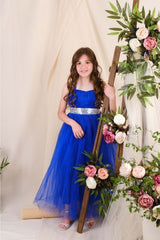 Girl's Satin Evening Dress With Back Gipe and Tulle Blue