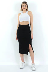 Women's Black Slit Detailed Corduroy Long Skirt - Swordslife