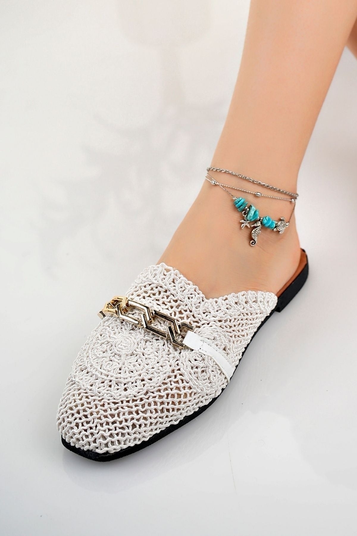 Women's Closed Front Straw Slippers White Lace Knitted Embroidered Dowry Casual Slippers