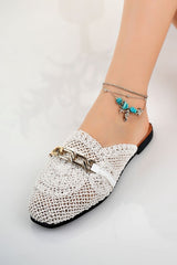 Women's Closed Front Straw Slippers White Lace Knitted Embroidered Dowry Casual Slippers