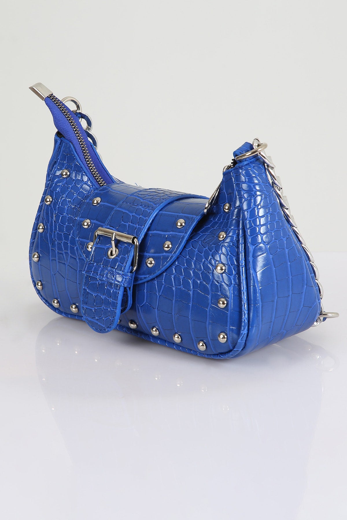 Bony Staple Crocodile Patterned Blue Handle Bag