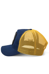 V1 Trucker Dance Bear - Unisex Navy Blue-Yellow Hat (Cap) with 5 Code Logo