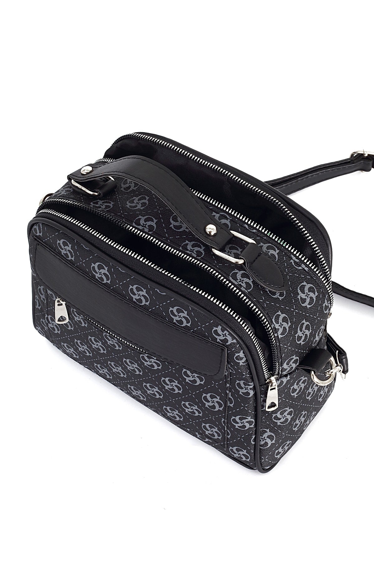 Women's Black Patterned Multi-Compartment Shoulder Bag Crossbody And Clutch Bag