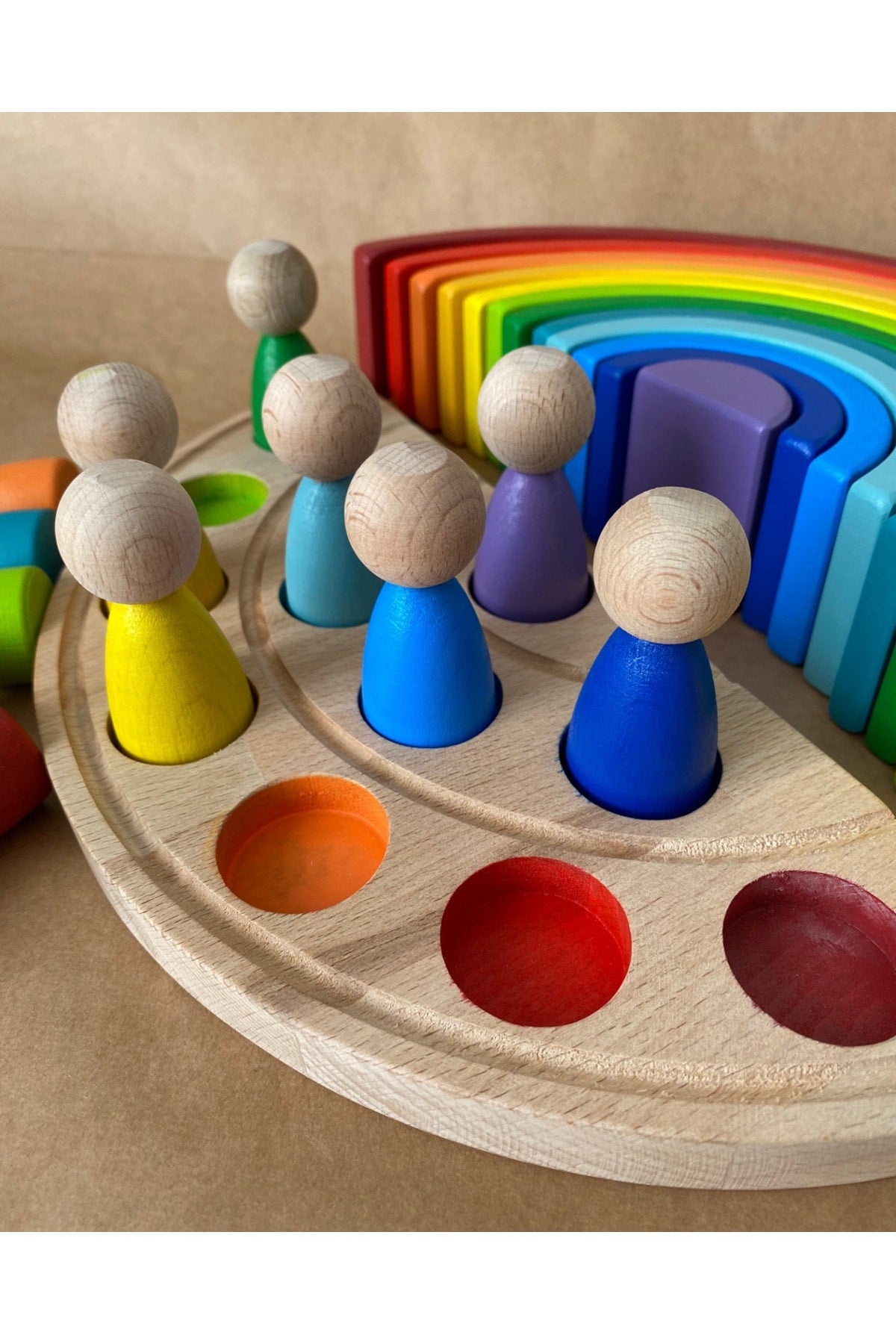 1 Year 12 Waldorf Rainbow Peg Baby Tray Set, Rainbow 12 Piece Color Matching Wooden Toy