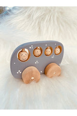 Toy Wooden Car With Spinning Wheels Moving Passengers Colors