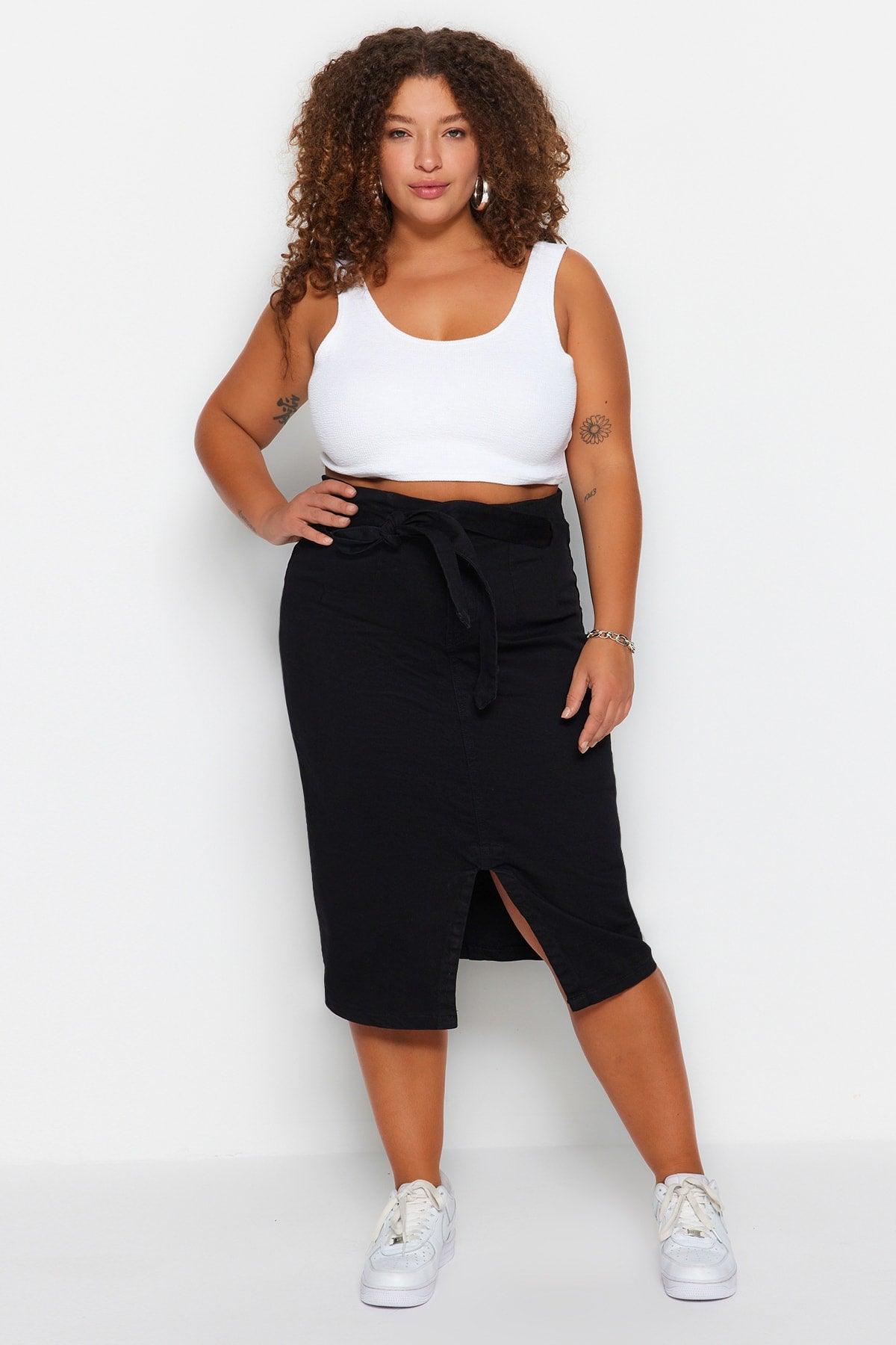 Black Belted High Waist Slit Straight Skirt TBBSS23AZ00017 - Swordslife